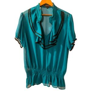 XL Gorgeous sheer ruffle blouse in teal by The Limited, drop waist puffed sleeve